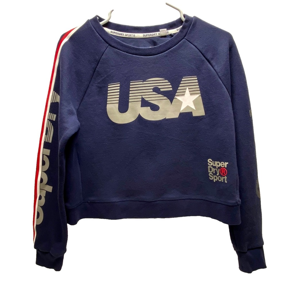 Superdry Sport Cropped Crewneck Sweatshirt Women's 10 Navy Logo Activewear EUC
